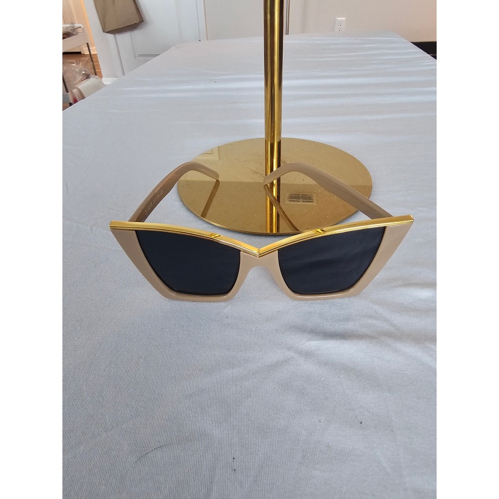 JH18212‎ Womens Beige Gold Trim Cat Eye Geometric Sunglasses Dark Tint Lens